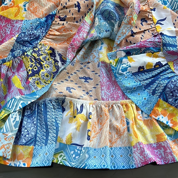 Calessa Embroidered Multi Print Split Round Neck 3/4 Bell Sleeve Woven Tunic. - Picture 7 of 11